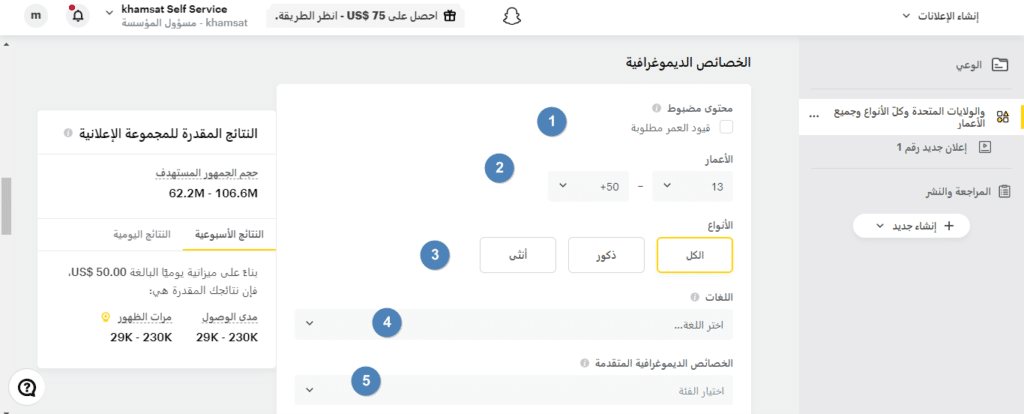 إنشاء إعلان شات - الخصائص الديموغرافية
